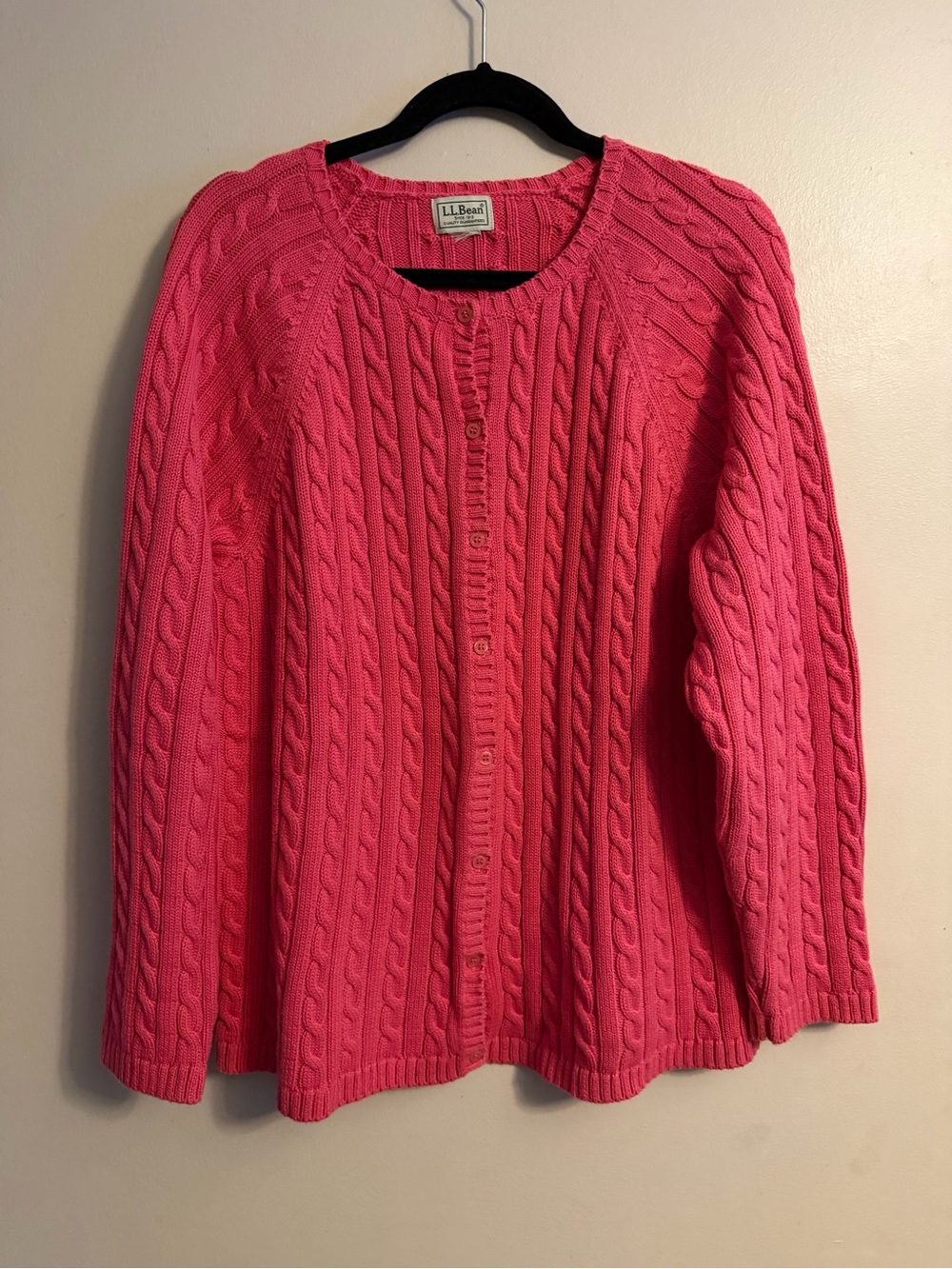 Vintage L.L. Bean Women's Bright Pink Cable-Knit Button Cardigan